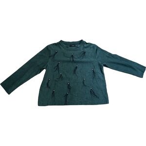 NBYNancy Suede-Feel Pearl Feather Embellished Green Long Sleeve Top Girls XXL